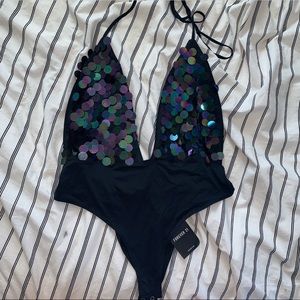 Black Holographic Sequin Lowcut Halter Bodysuit